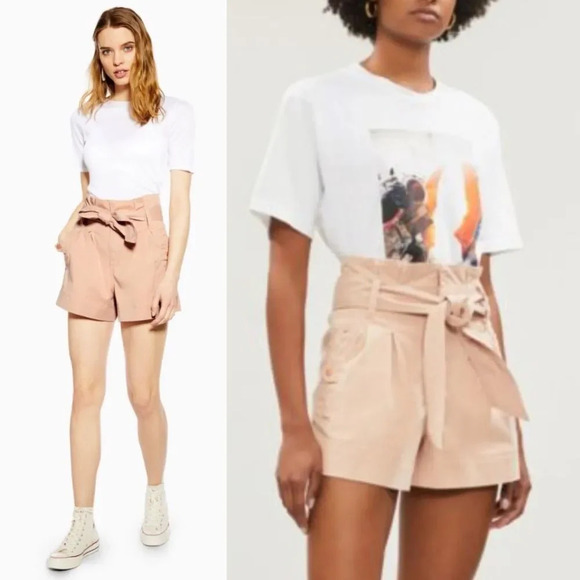 Topshop Utility Paperbag Shorts in Nude Beige Size 14 - Picture 1 of 9